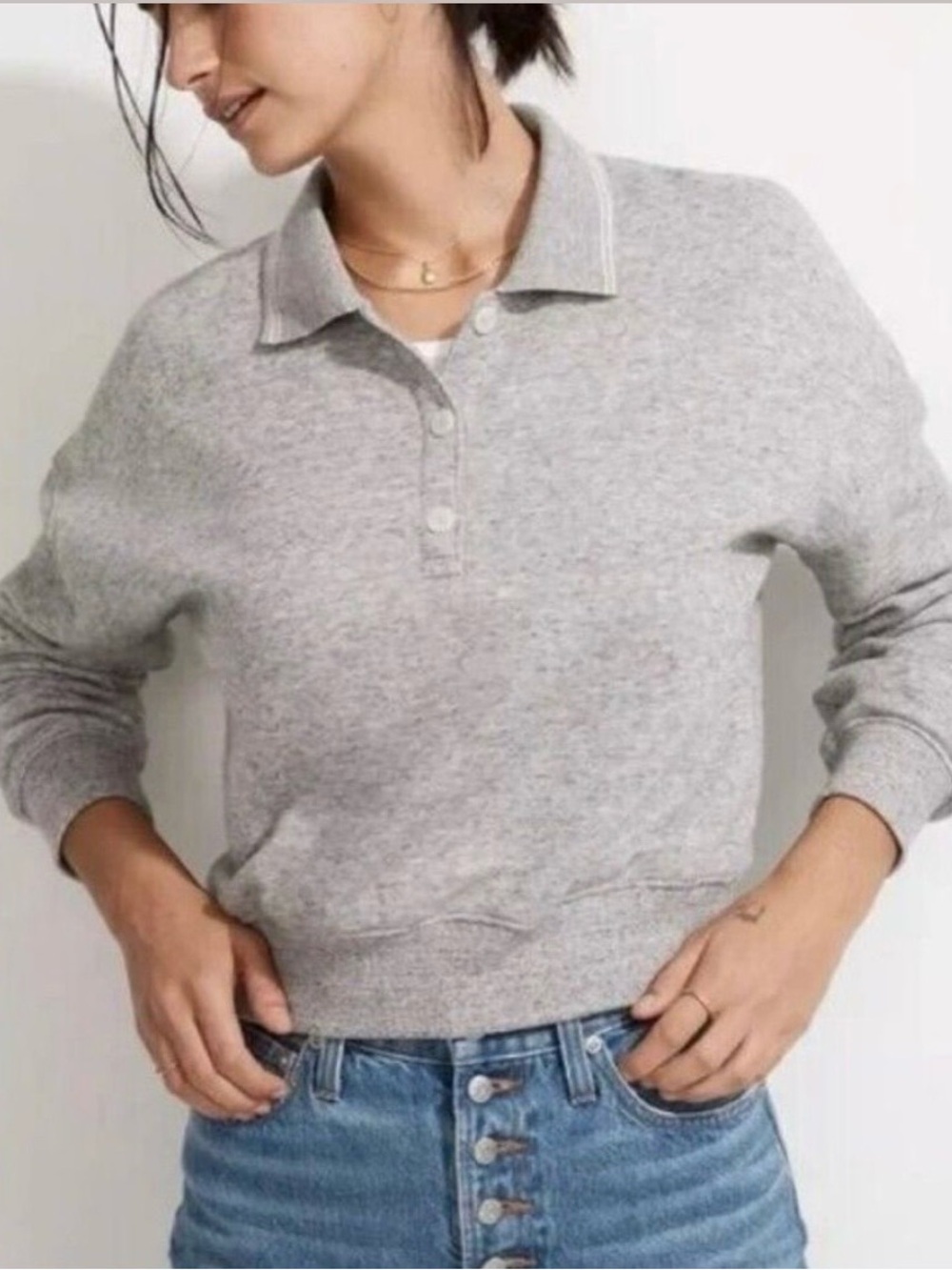 Madewell Heather Gray Cropped Polo Sweatshirt